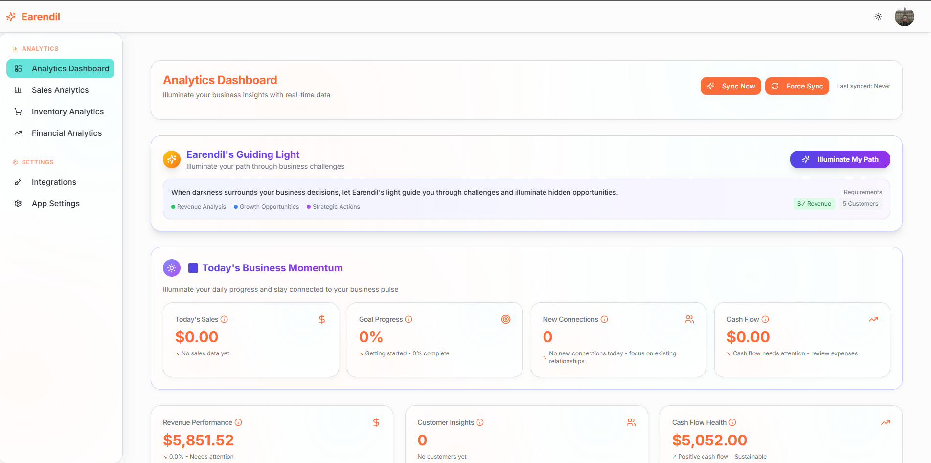 Screenshot of Earendil's Analytics dashboard with revenue trends.